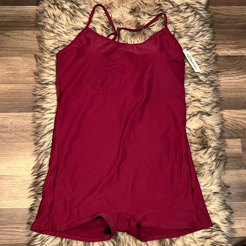 Burgundy Bathing suit with shorts bottom.